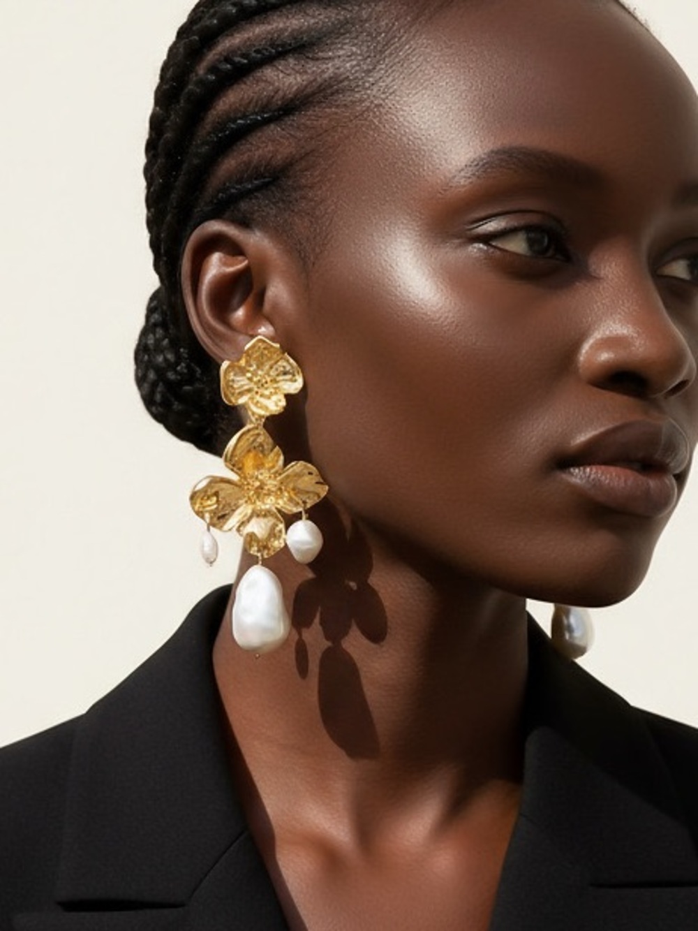 Zara Gold Floral Drop Earrings with White Faux Pearls